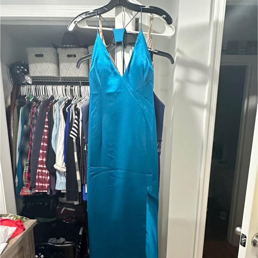 Aidan Mattox Teal Satin Strapless Slip Dress